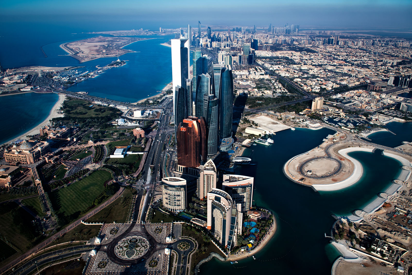 Helicopter point of view of Abu Dhabi skyscrapers.